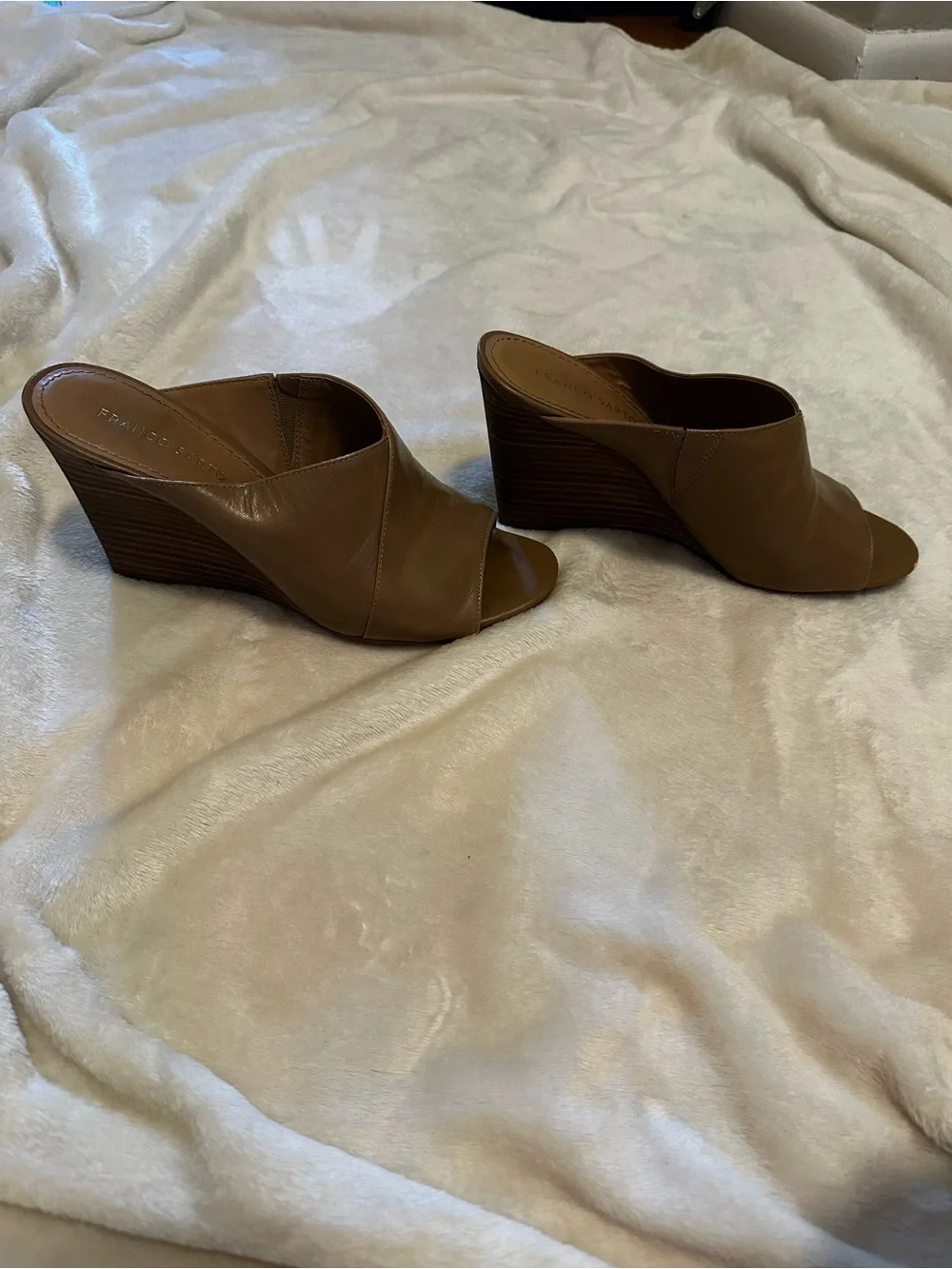 Franco Sarto Brown Leather Peep-Toe Wedge Mules